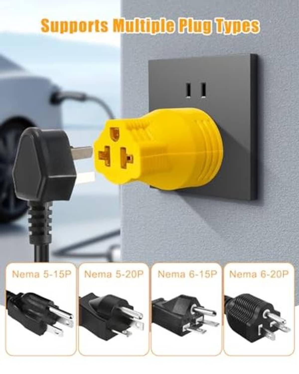 Yellow EV adapter plug with prongs inserted into a wall outlet adapter