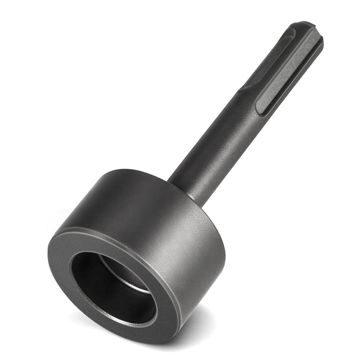SDS-Plus ground rod driver hammer drill attachment, dark steel core with circular base