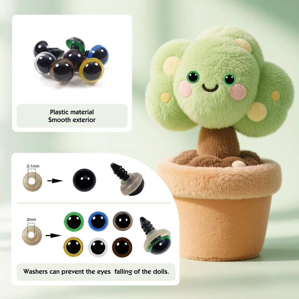 Plastic safety eyes with washer backs and an example plush face