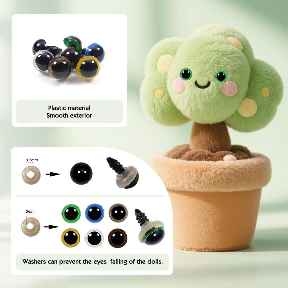 Plastic safety eyes with washer backs and an example plush face