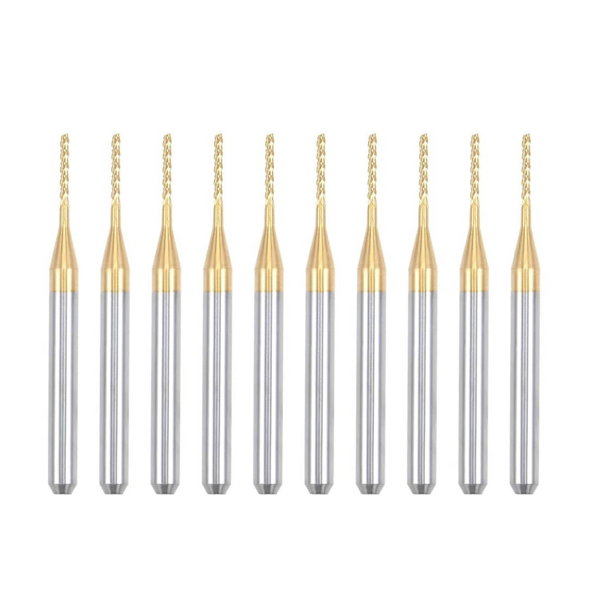 10-piece 1mm titanium-coated carbide end mill bits, gold fluted tips with silver shanks