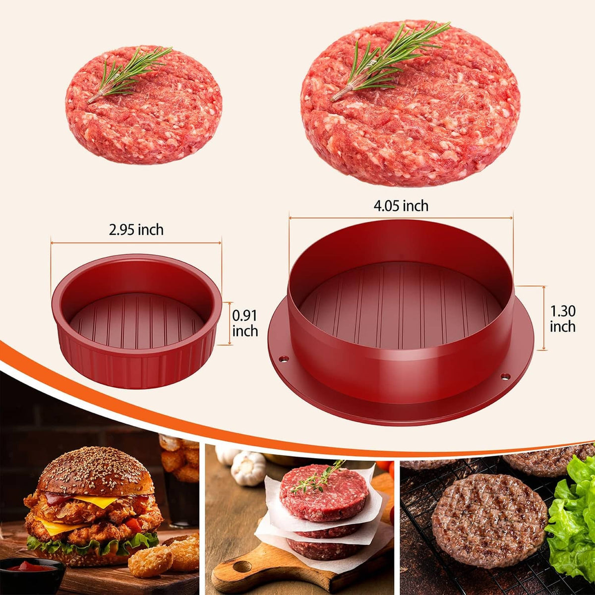 Red 4-in-1 burger press mold with two raw beef patties and top plate