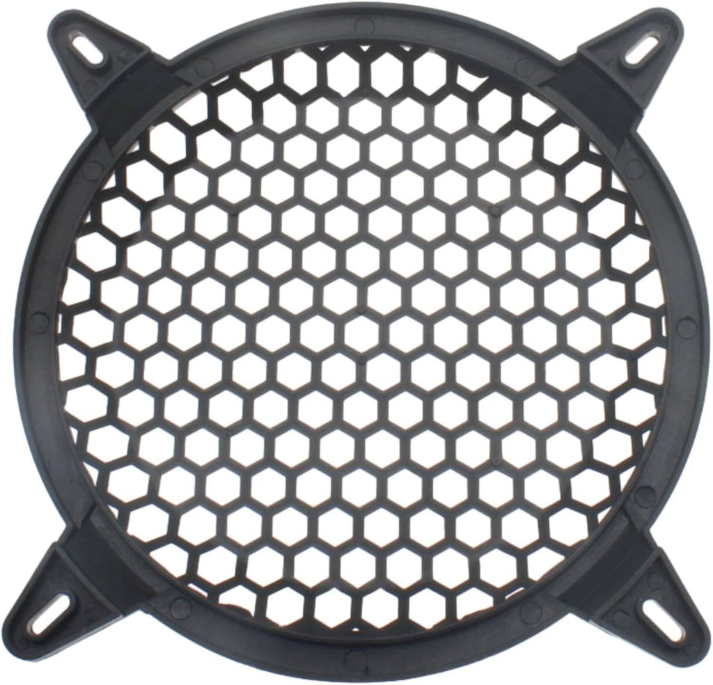 Round black speaker grille cover with hex mesh guard and four mounting tabs