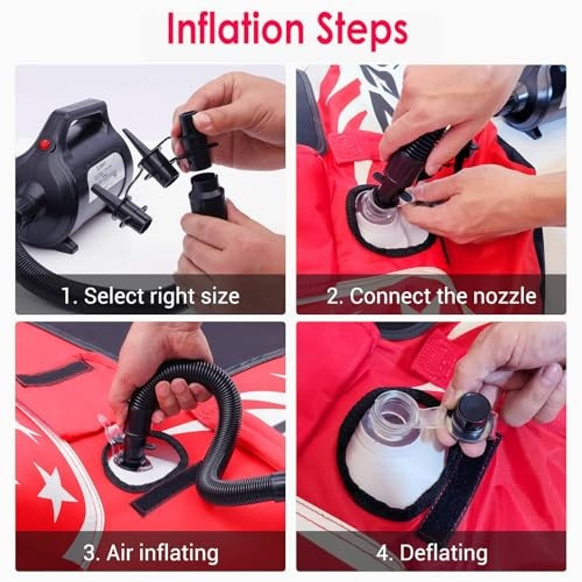 Hands connecting the pump nozzle to a red inflatable using an electric air pump