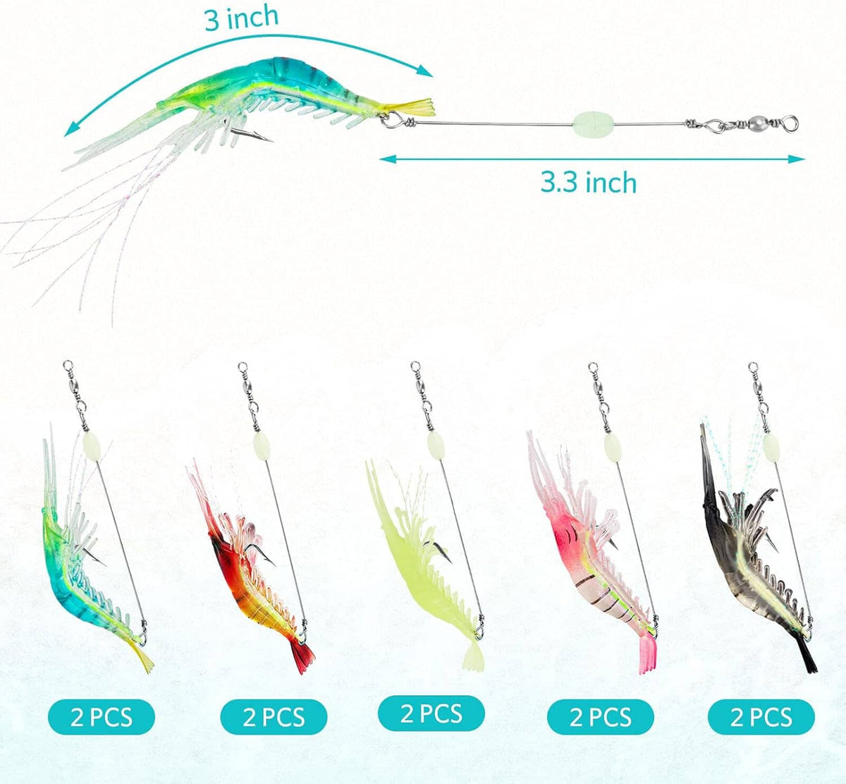 Set of soft shrimp fishing lures on hooks with length markers: 3 in and 3.3 in