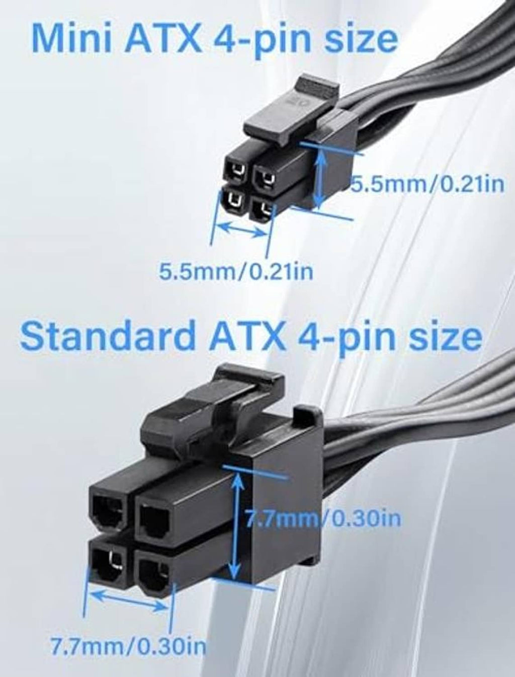 ATX 4-pin connector ends with illustrated spacing on the dual SATA adapter cable