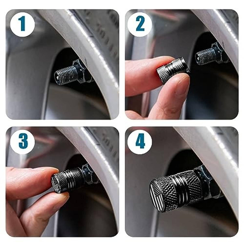Black tire valve stem cap being installed on a wheel valve stem with paw-print badge