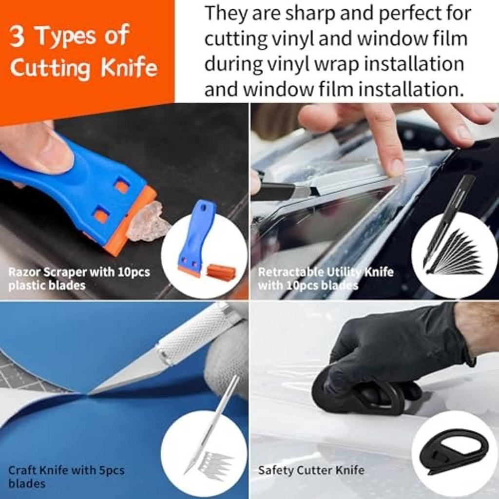Cutting knife kit with retractable utility knife, craft knife, safety cutter, and scraper blades