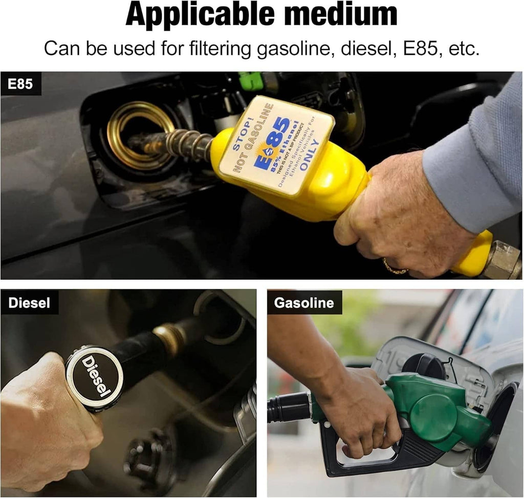 Inline fuel filter shown with fuel connections and labels for fuel types