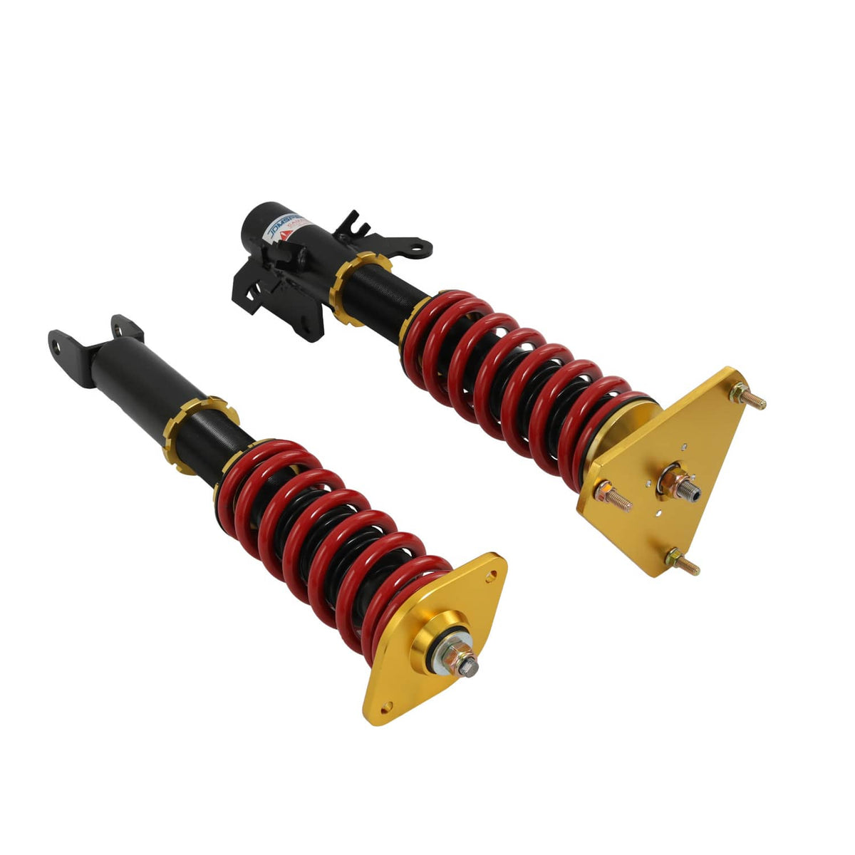 Coilover shock pair with red springs, black cylinders, gold plates and spring perches