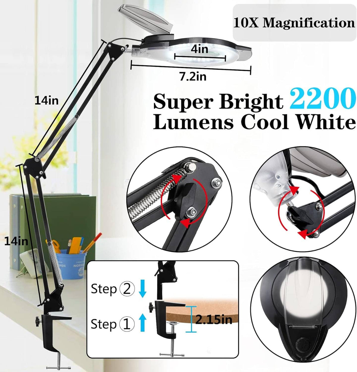 LED magnifying lamp on long stand, black arm with circular lens hood