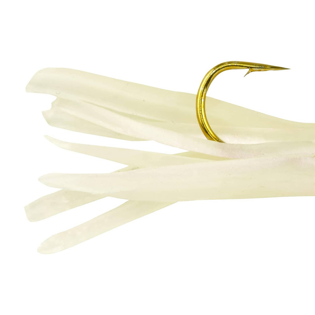 Light pearl soft bait with gold hook, side view