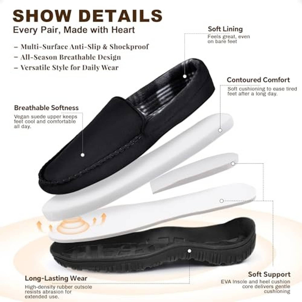 Black slip-on moccasin slippers shown for comfort features with cushioned outsole.