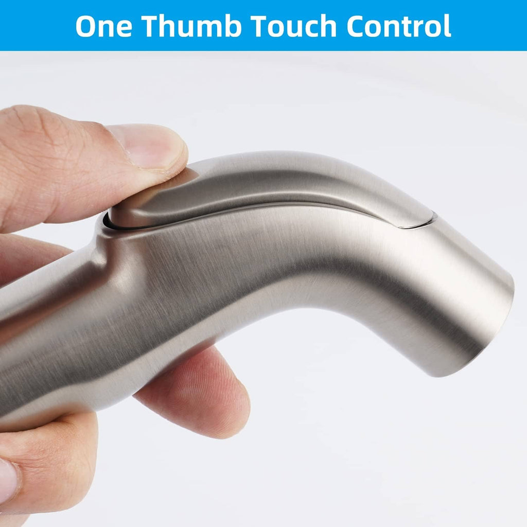 Brushed nickel sprayer handle with thumb-touch control for one-handed water switching