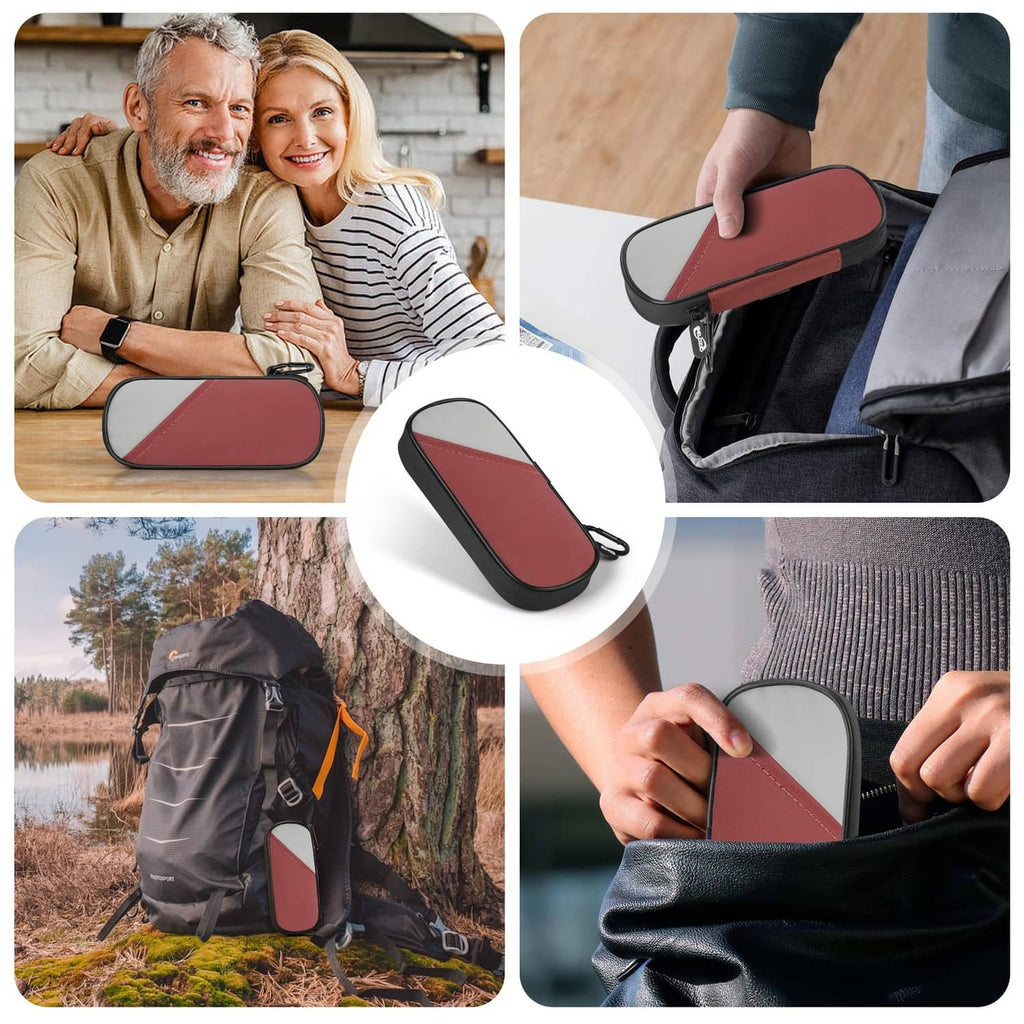 Red and gray zip insulin cooler travel case shown in use during travel and storage