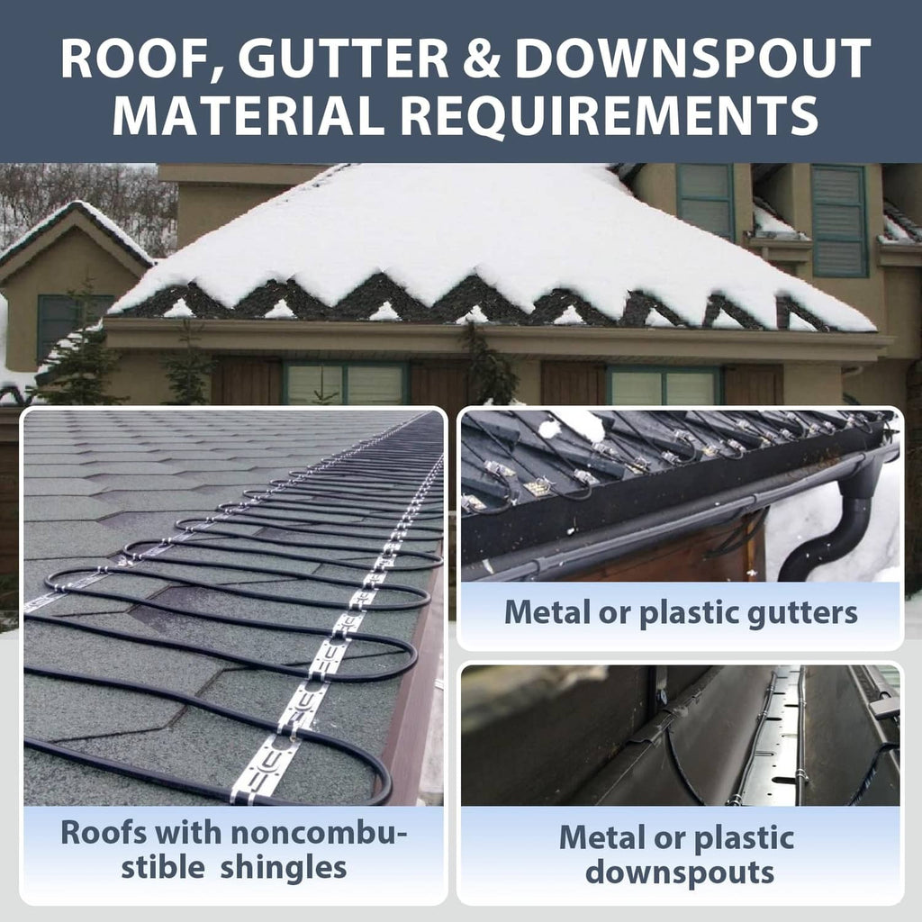 Heating cable routed on roof shingles and gutter downspout area
