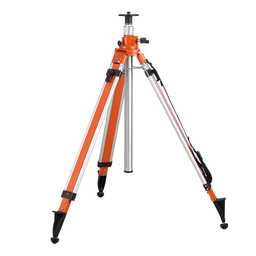 Laser level tripod stand with orange aluminum legs and black spiked feet