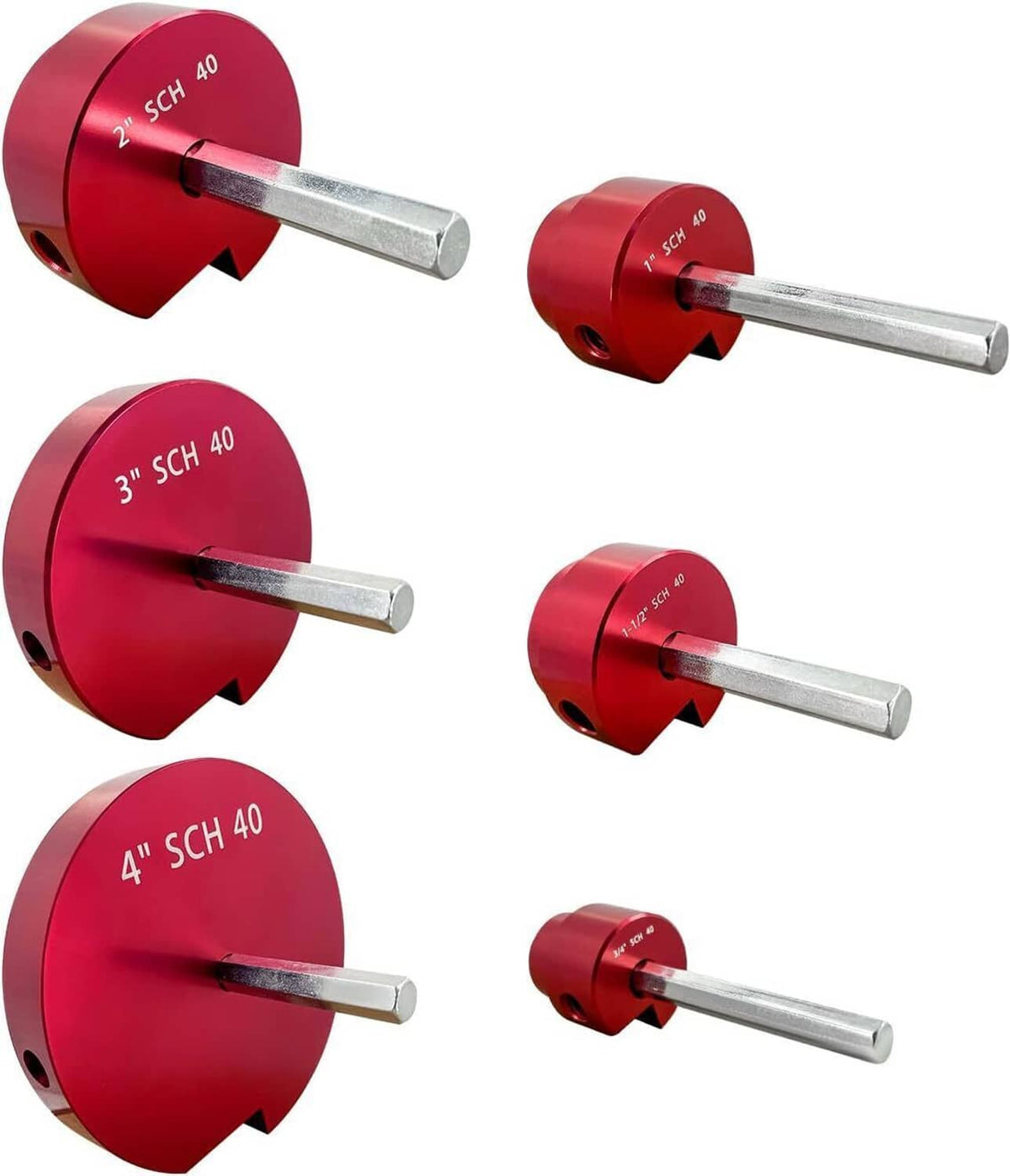 Set of red pipe reamer cutting heads with labeled sizes and metal shafts