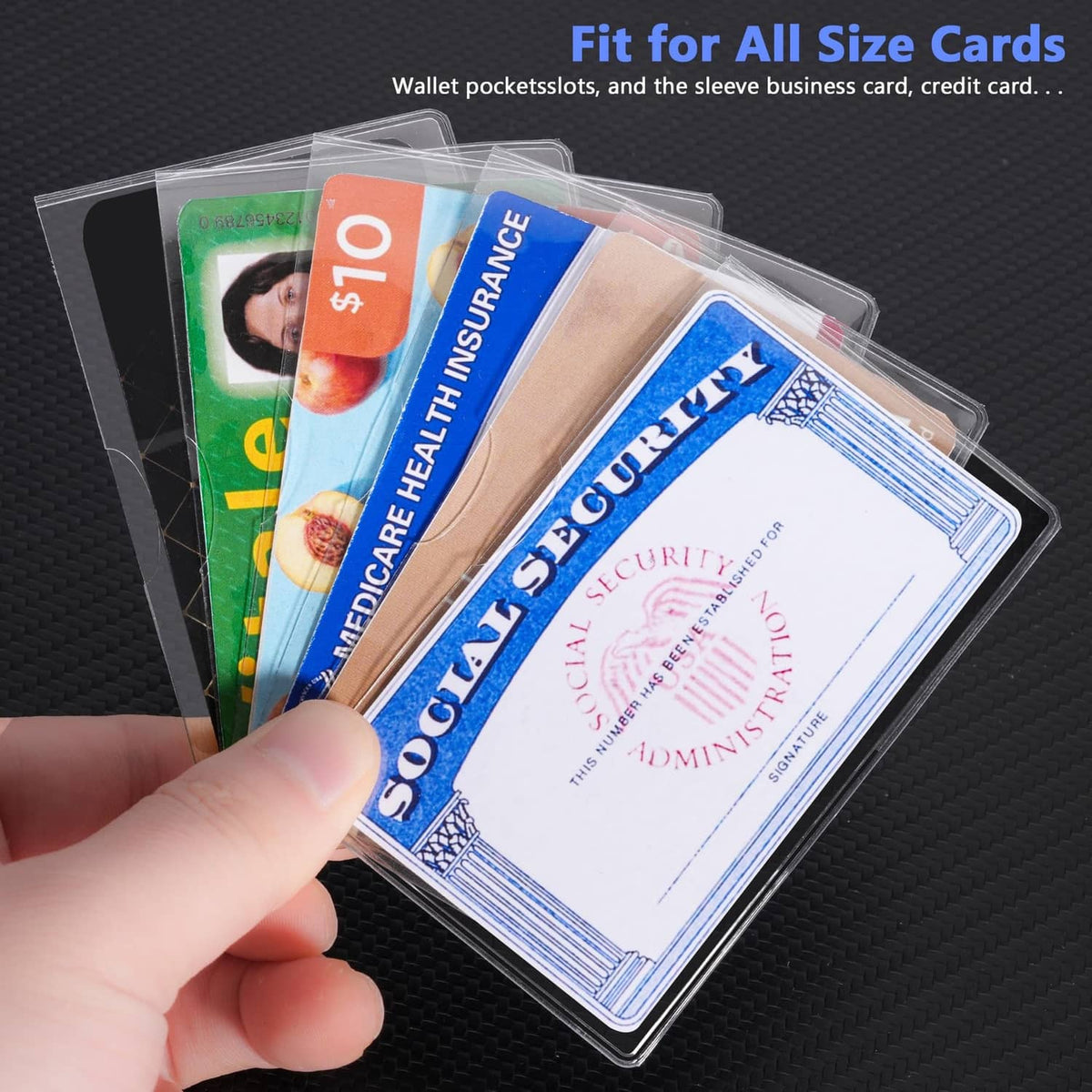 Set of clear card protectors holding multiple ID cards, including Social Security