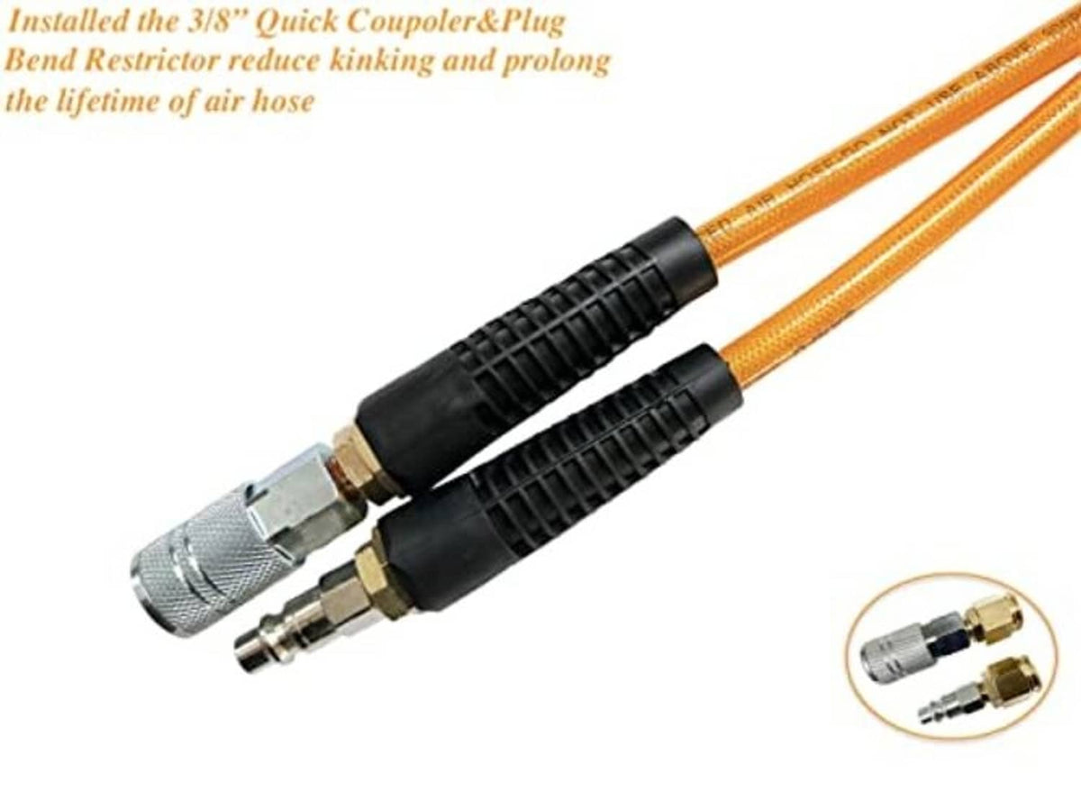 Orange air hose with non-kinking reinforced sleeve and quick coupler and plug