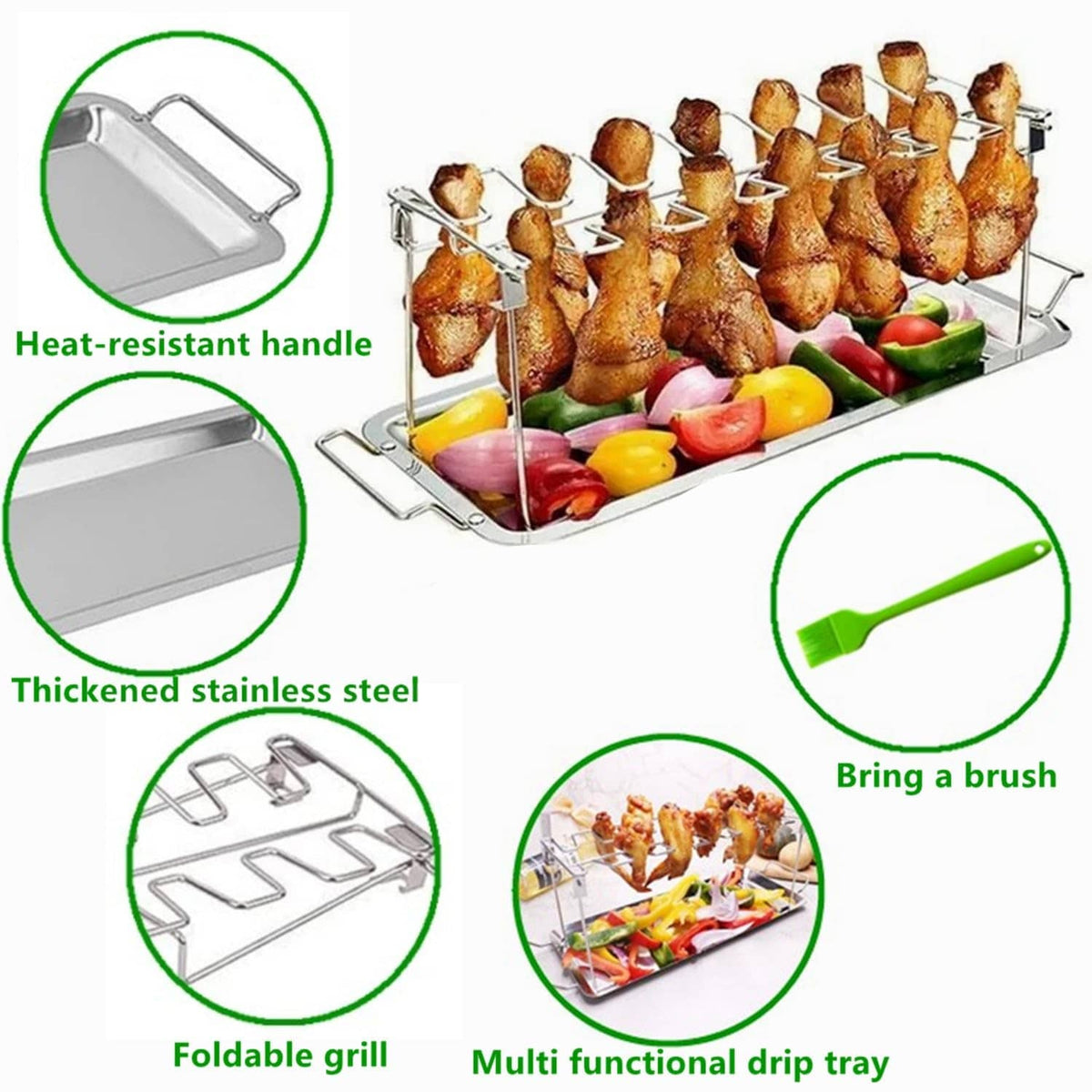 Foldable stainless steel chicken leg rack with drip tray and heat-resistant handle