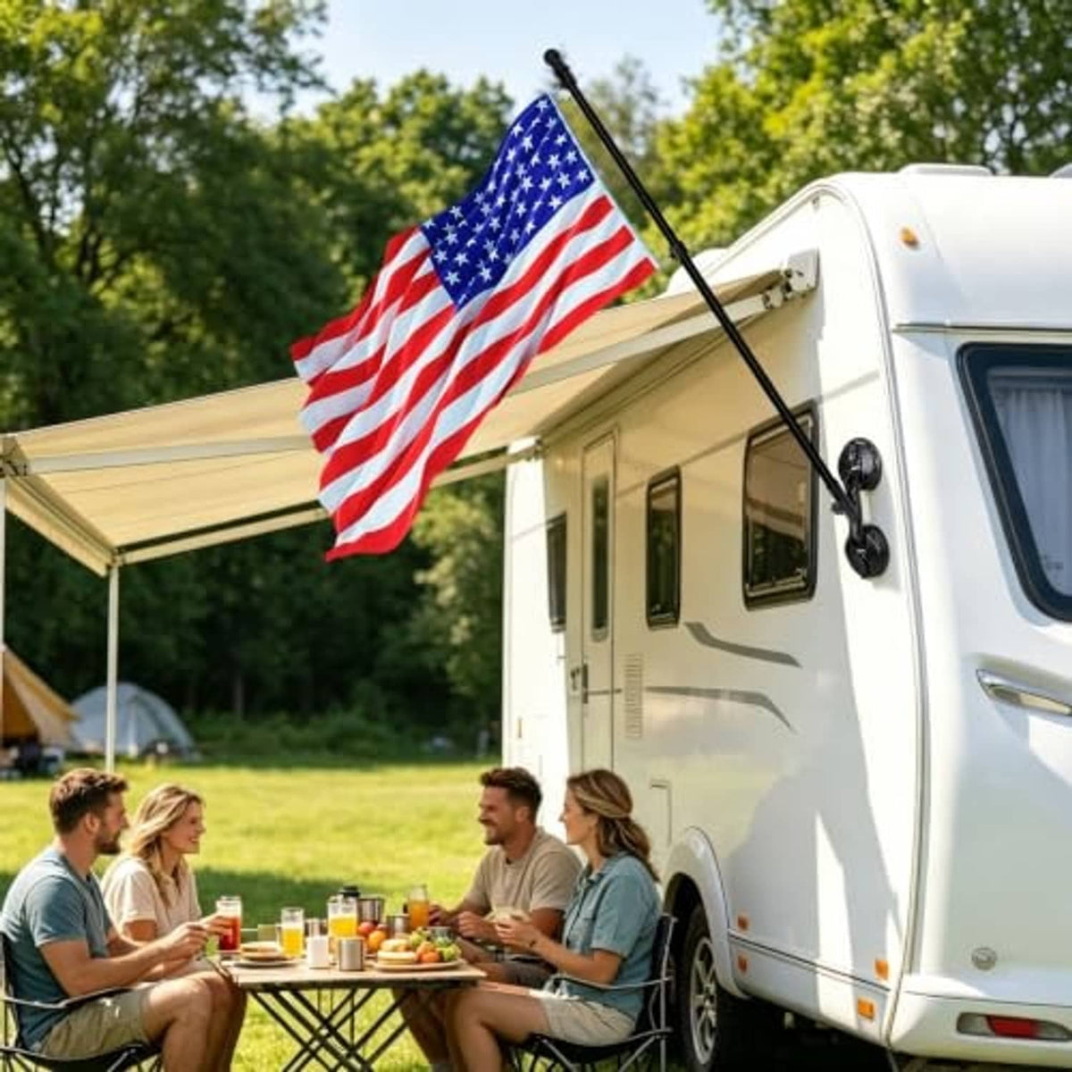 RV suction cup flag holder with long angled pole holding a small flag