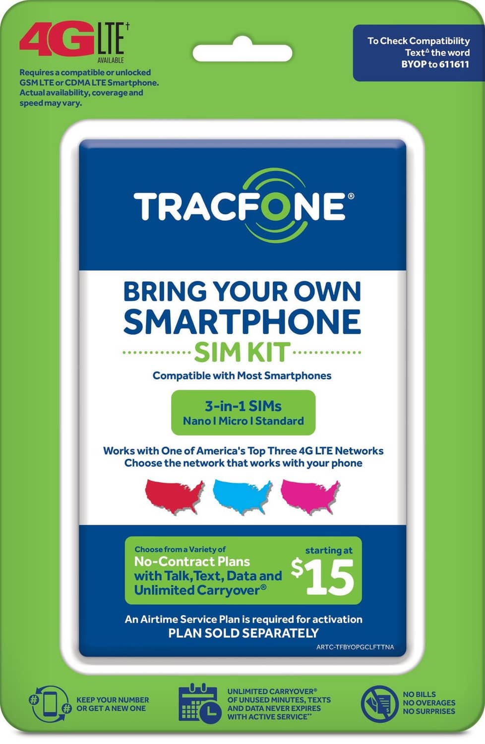 TracFone 3-in-1 BYOP SIM activation kit card, white with blue label