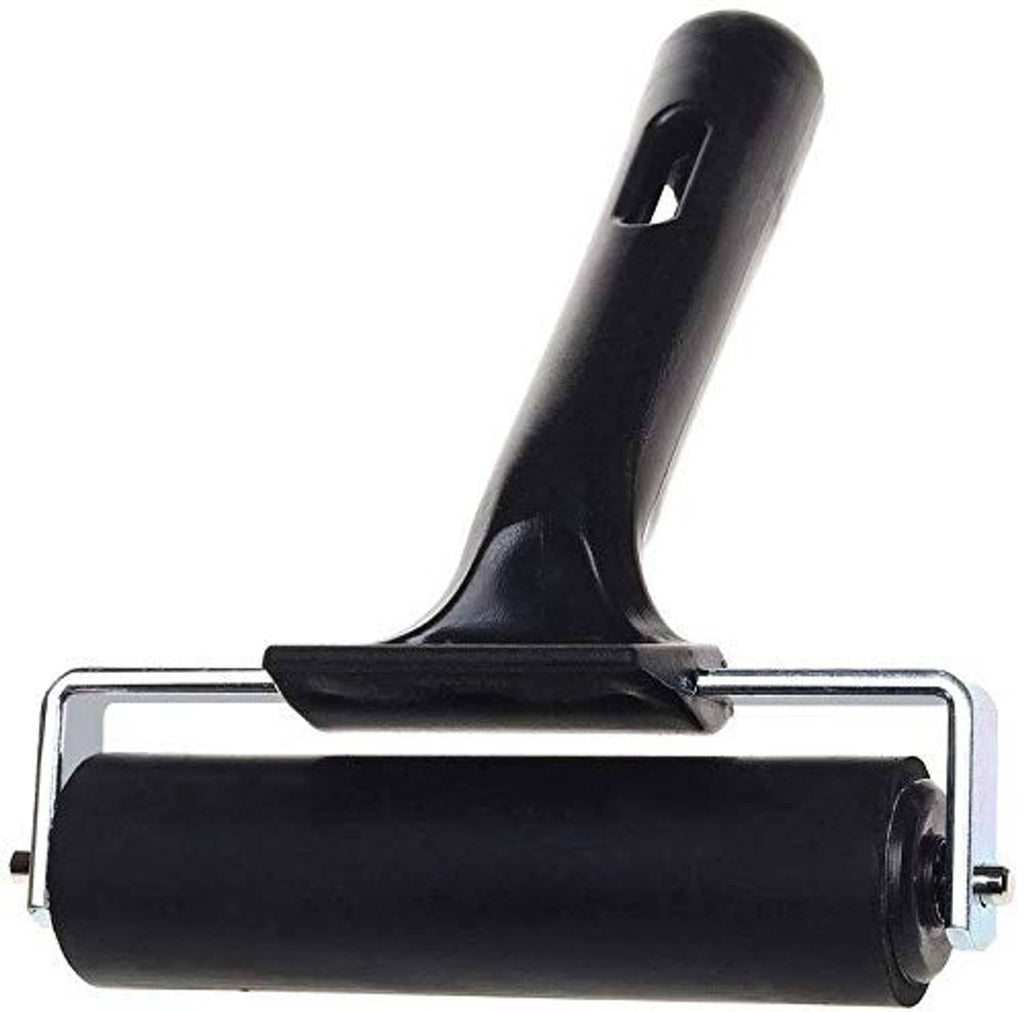 Rubber brayer roller with black rubber drum and curved handle, side view