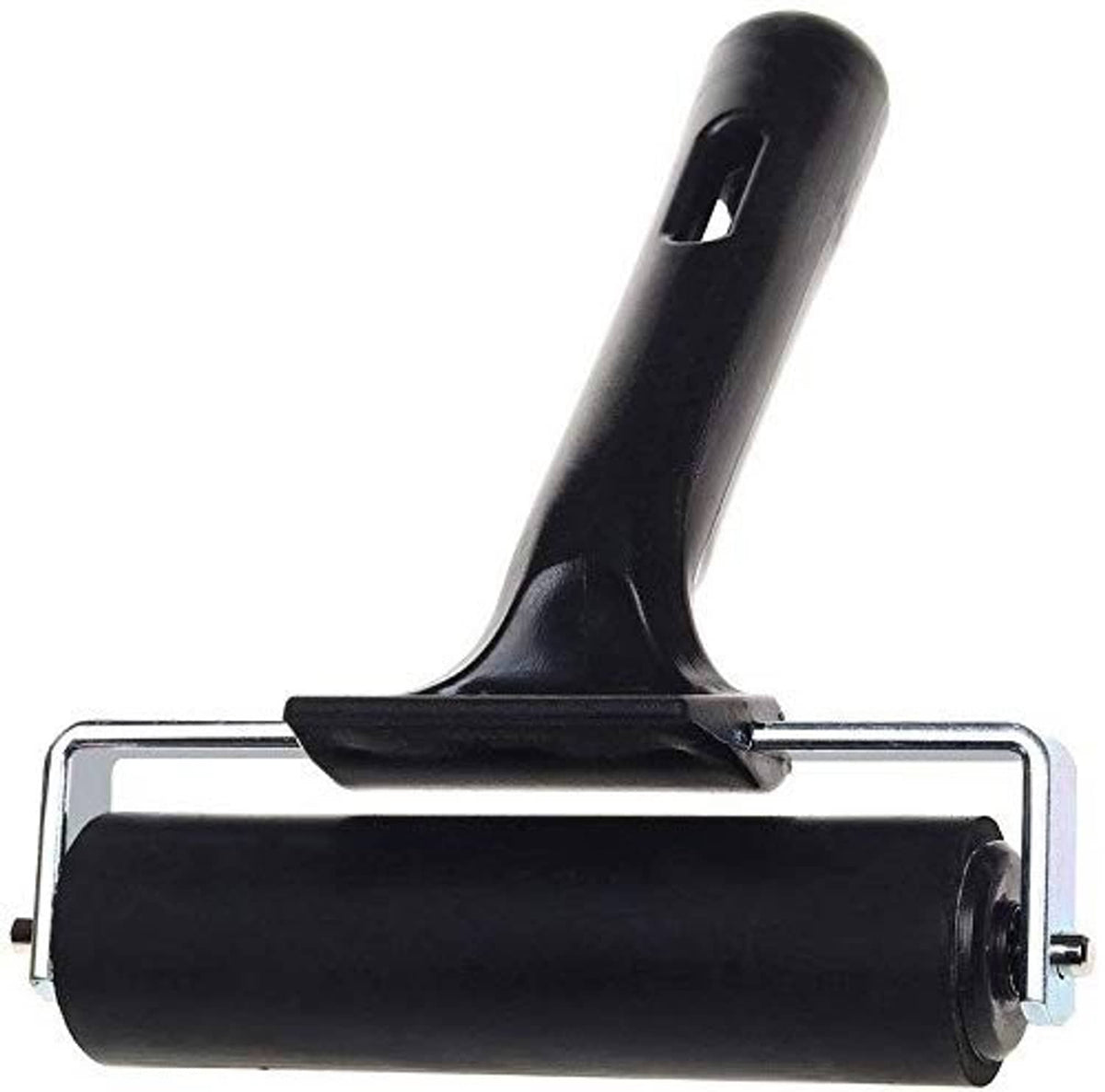 Rubber brayer roller with black rubber drum and curved handle, side view