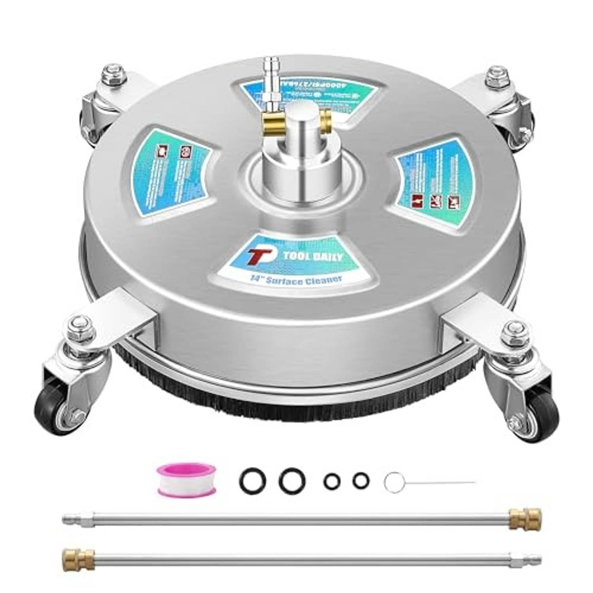 14-inch stainless surface cleaner with four casters and included spray wand accessories