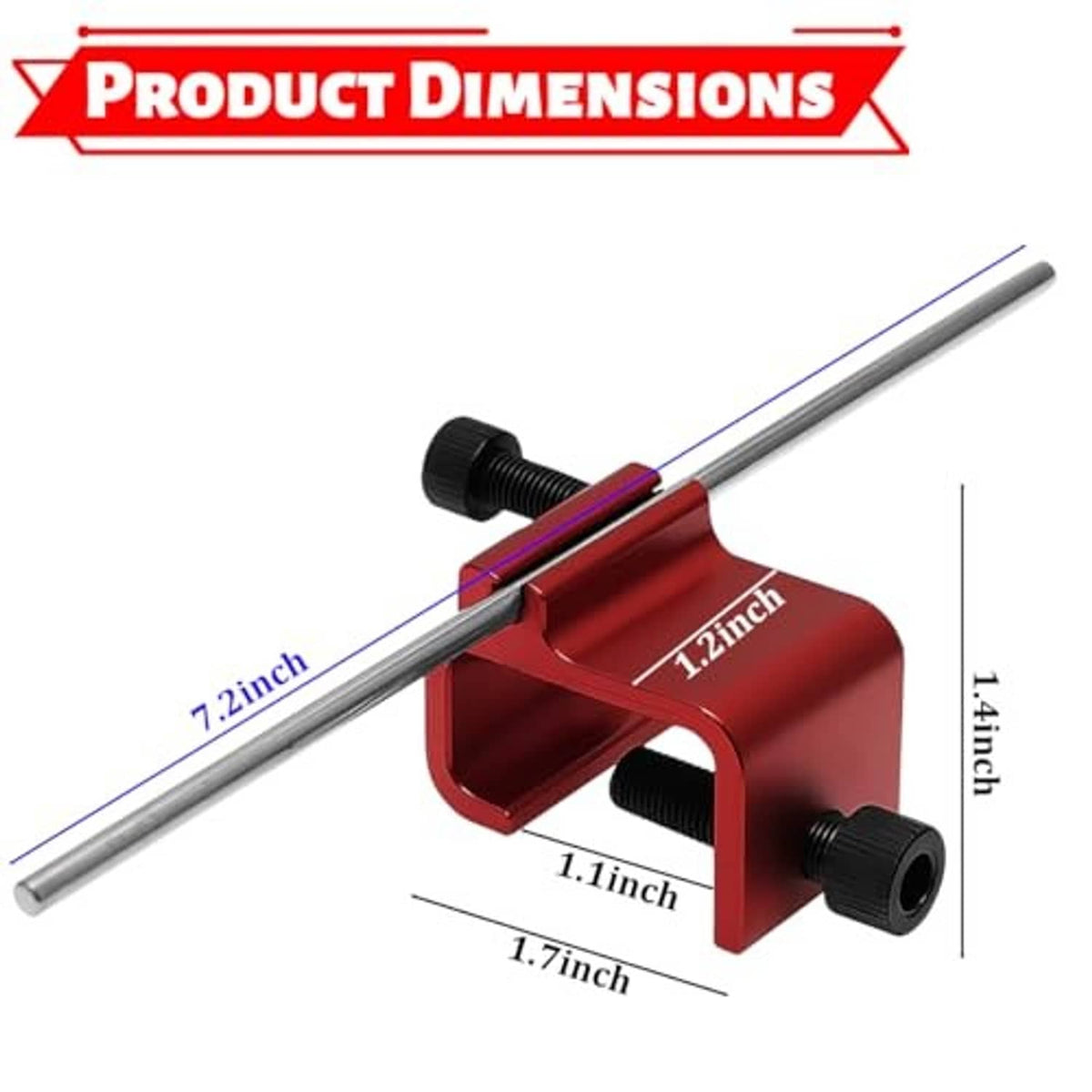 Red chain alignment tool with two metal rods and black knobs, dimension layout