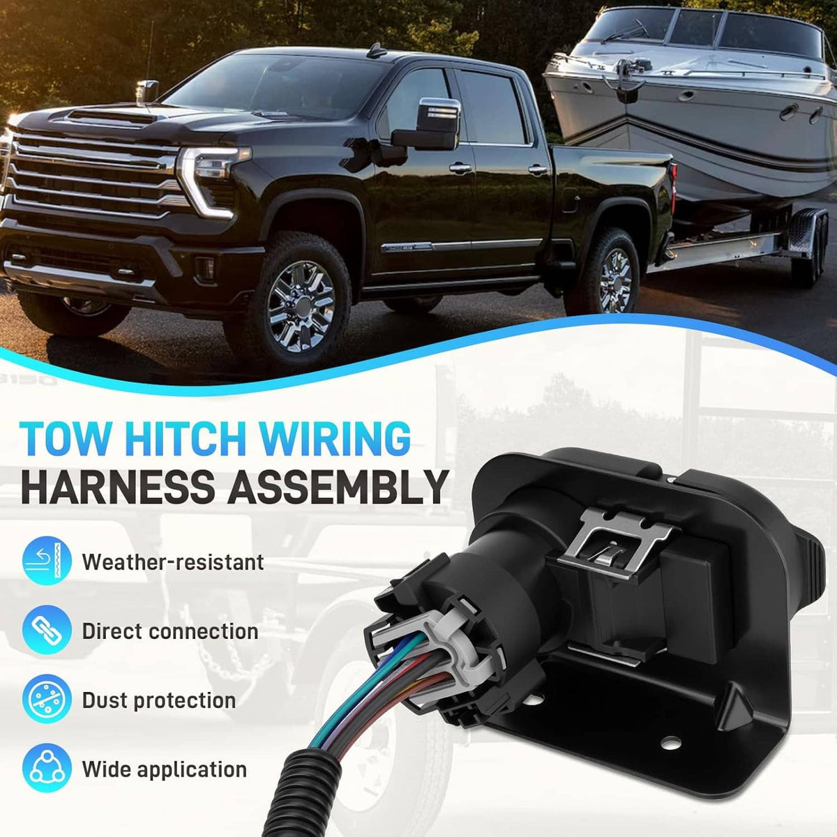 Tow hitch wiring harness assembly with black connector housing and bundled colored wires