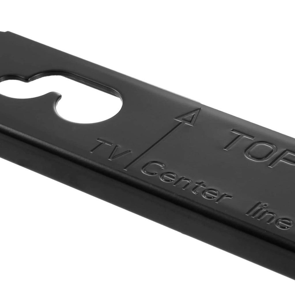 Black soundbar wall mount bracket close-up with TV Center line and Top marks