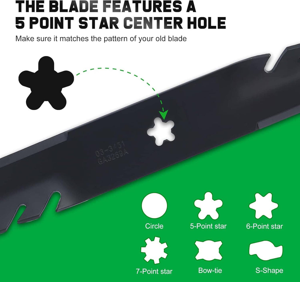 Toothed mulching mower blade with 5-point star center hole