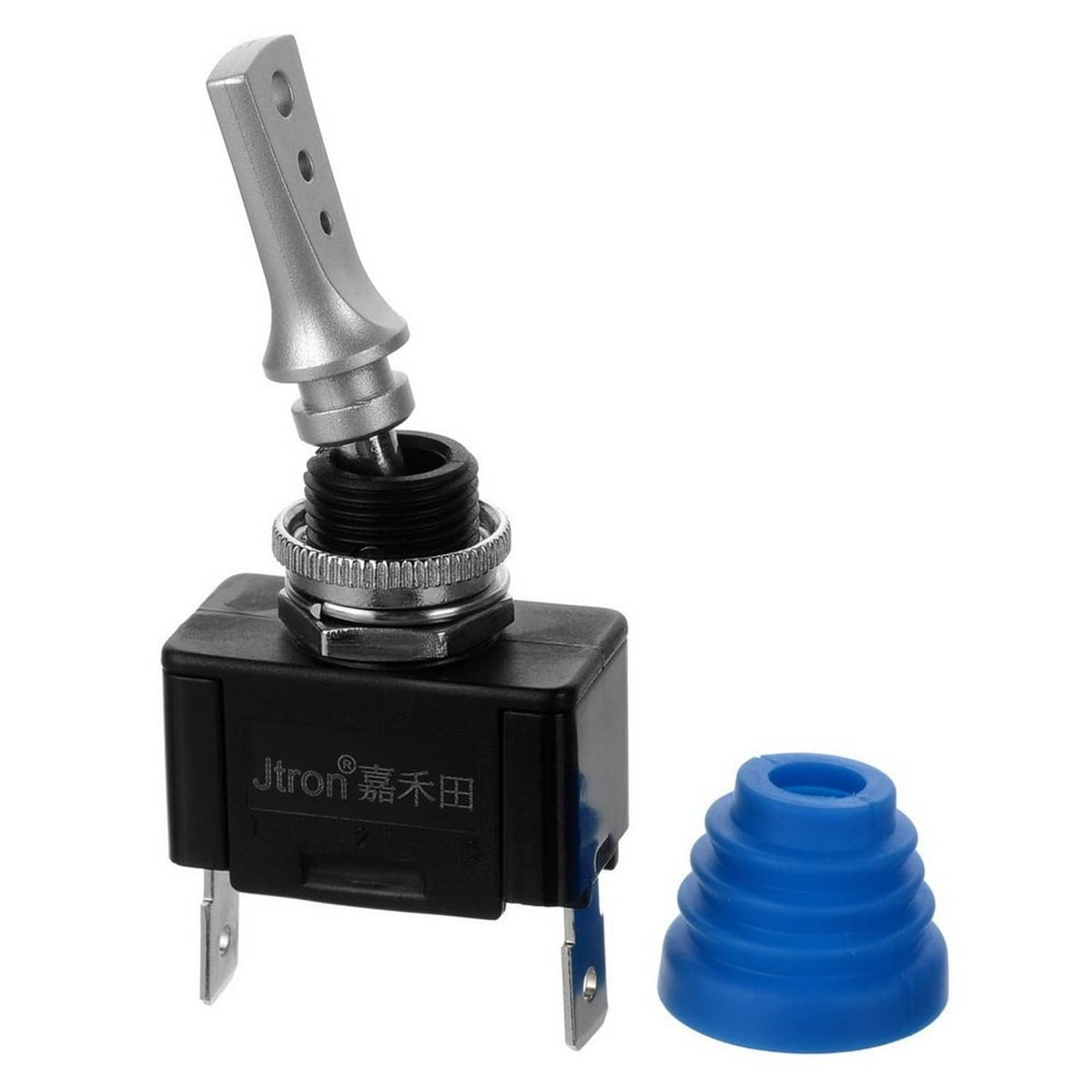 Waterproof toggle switch with black body, silver lever, blue protective boot