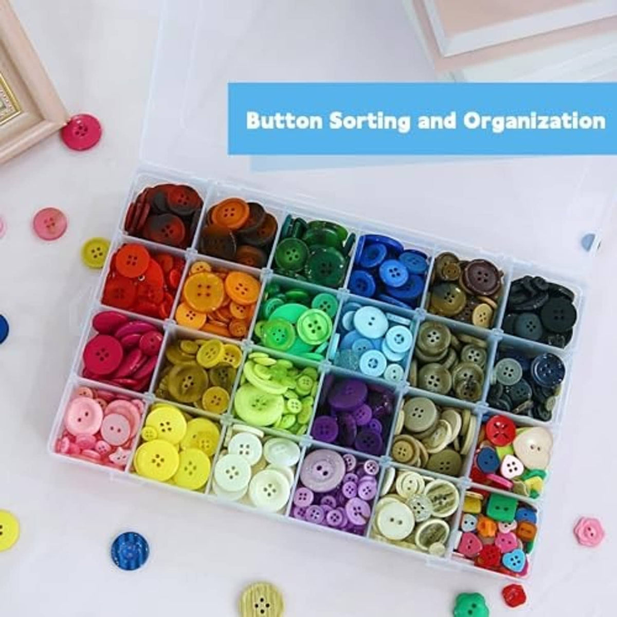 Clear organizer box with compartments filled with colorful button assortments