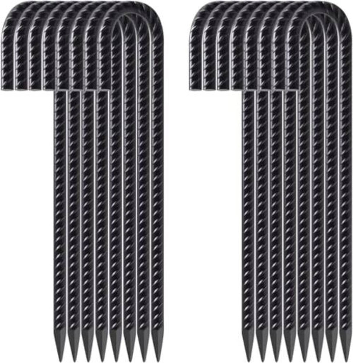 Black J-hook rebar stakes with pointed ends and ridged shaft, multiple-pack view