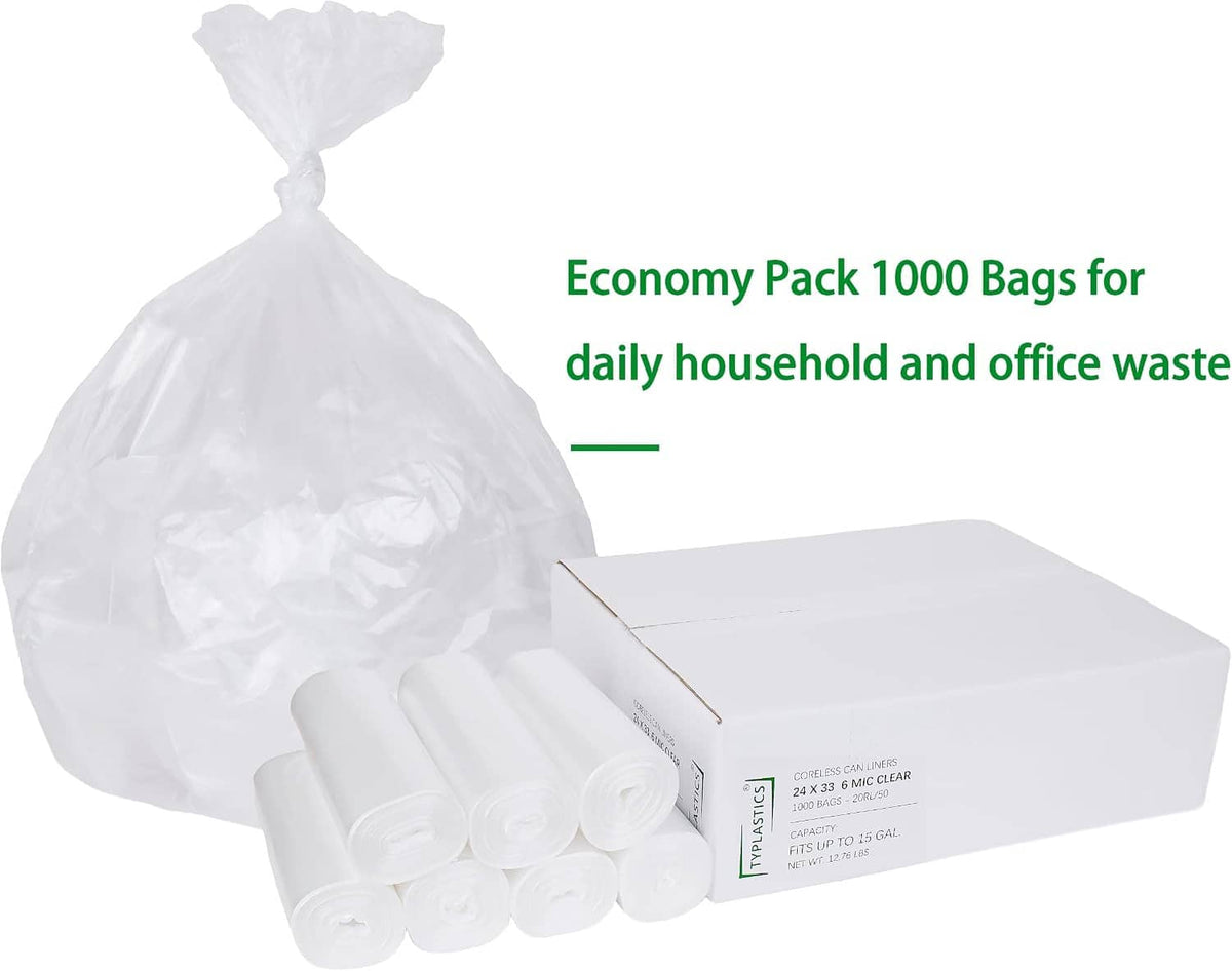 Clear plastic trash bag liners economy pack with box, loose twisted bag, rolls