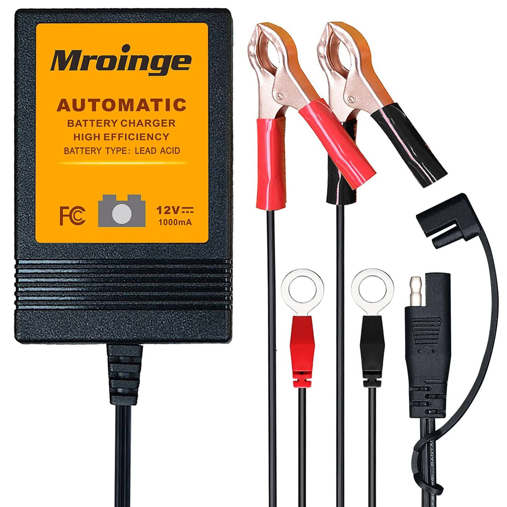 Automatic battery charger with copper and black alligator clamps and power cable, 12V.