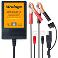 Automatic battery charger with copper and black alligator clamps and power cable, 12V.