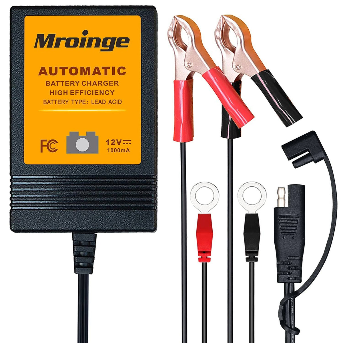 Automatic battery charger with copper and black alligator clamps and power cable, 12V.