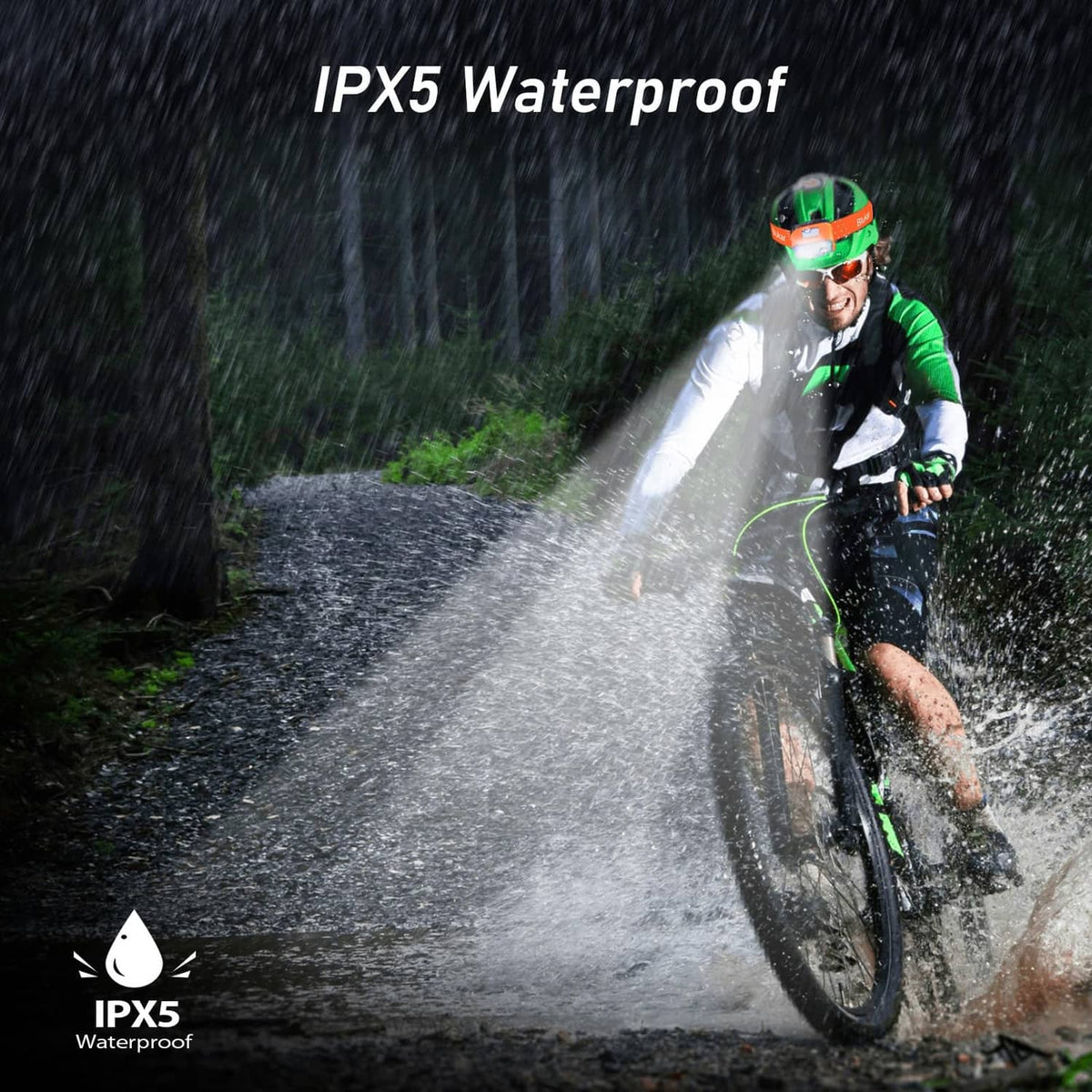 Orange LED headlamp shining in rain outdoors, waterproof use for wet conditions