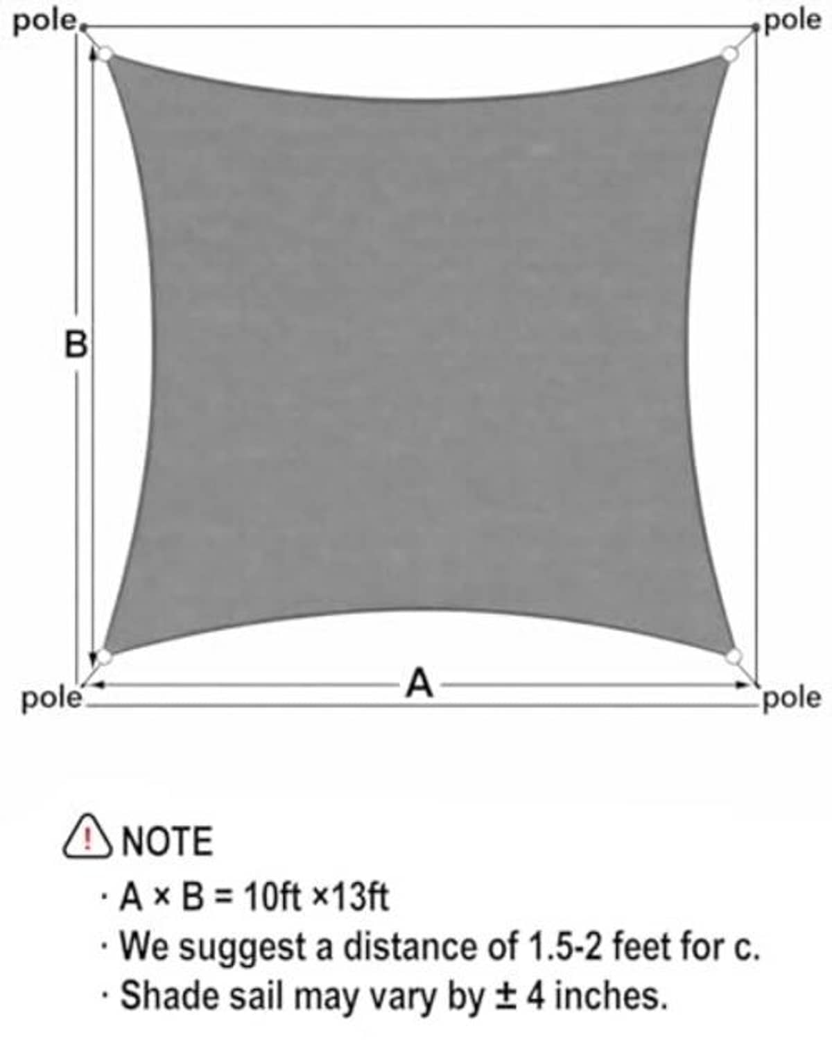 Gray rectangular shade sail canopy with four-pole outline dimensions