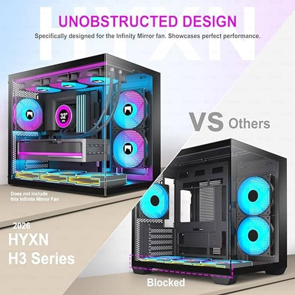 Black PC case with tempered glass and three ARGB fans; comparison graphic on background.