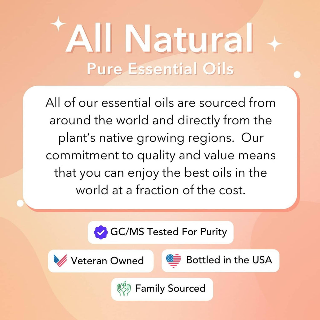 All Natural pure essential oils info panel with tested for purity and bottled in the USA.