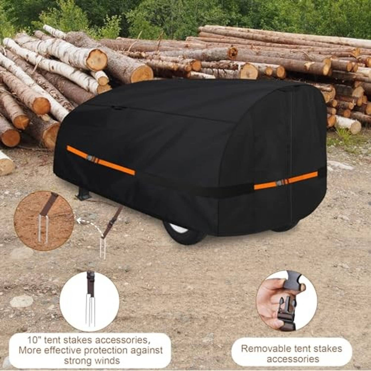 Black log splitter cover with orange stripe accents and fitted side panels