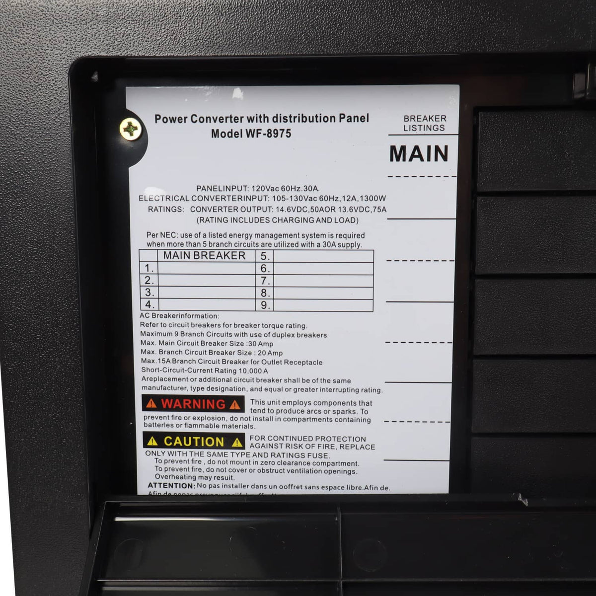 RV power converter distribution panel label with main breaker and wiring guidance
