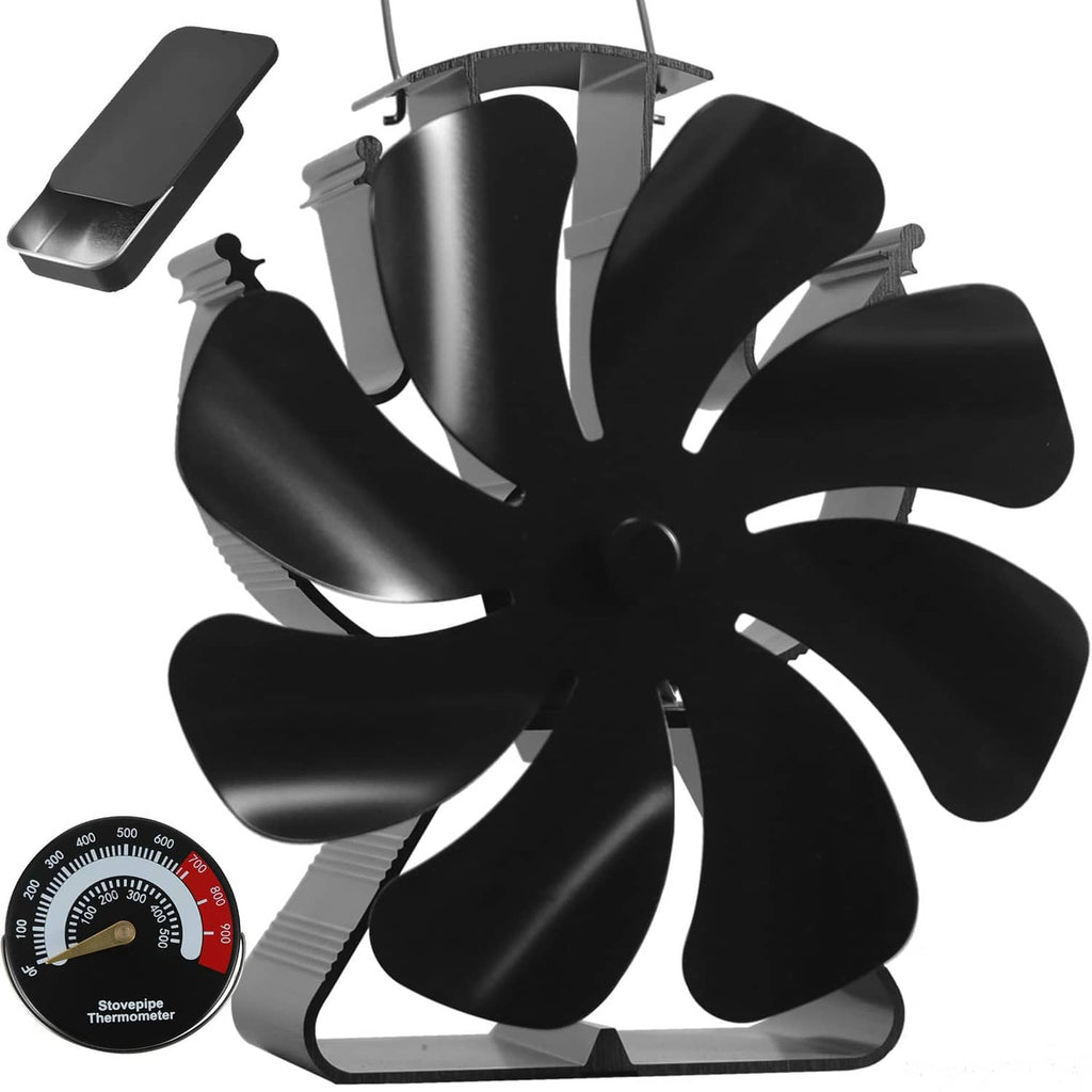 Black heat-powered stove fan with 8 blades and stovepipe thermometer gauge