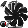 Black heat-powered stove fan with 8 blades and stovepipe thermometer gauge