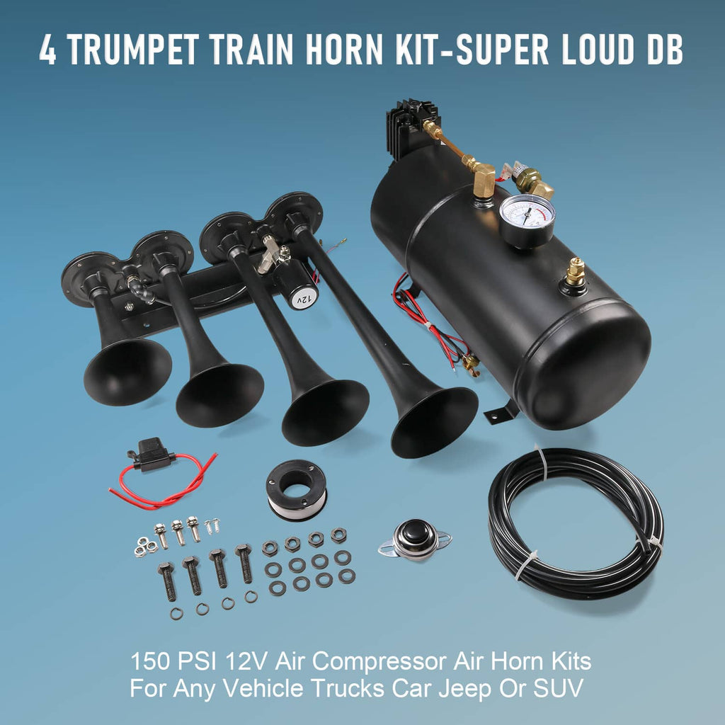 4-trumpet train air horn kit with black tank, pressure gauge, horns, and cables